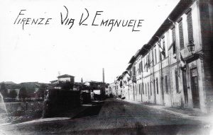 Firenze anni 30, rara immagine di Via Vittorio Emanuele, con strada senza sbocco fino allo slargo e dove a sinistra si scorge solo la torre 