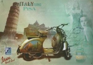 Una bella cartolina postale della"Vespa Piaggio " proveniente dal Regno Unito , con riferimenti pubblicitari alla nostra Toscana..anni 50/60